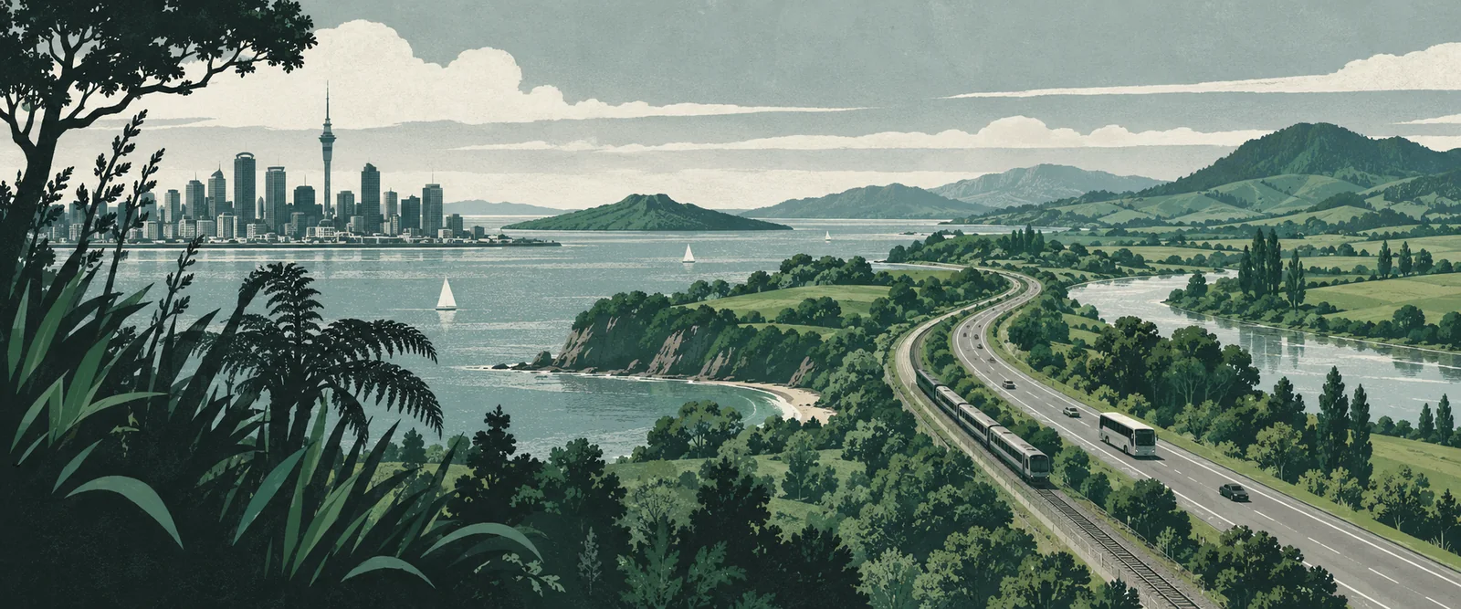 Editorial illustration of Auckland and the North Island transport corridor